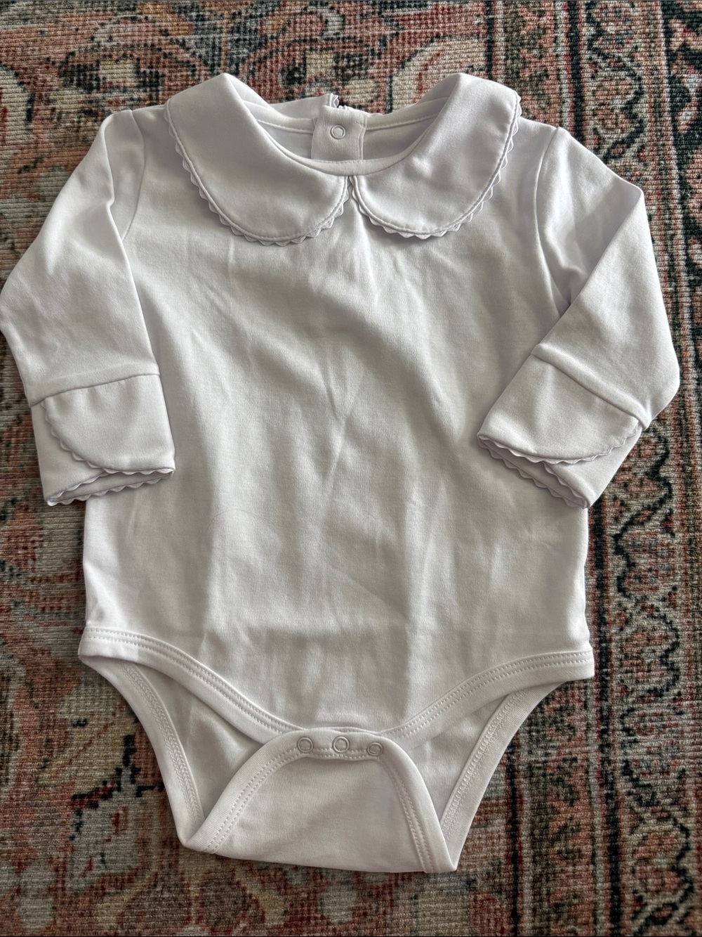 Classic Prep White Long-Sleeve Baby One-Piece with Scalloped Collar